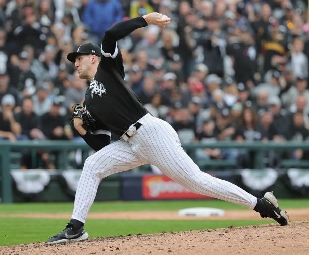 Garrett Crochet of the Chicago White Sox pitches against the Houston Astros at Guaranteed Rate Field on October 12, 2021 in Chicago, Illinois. The...