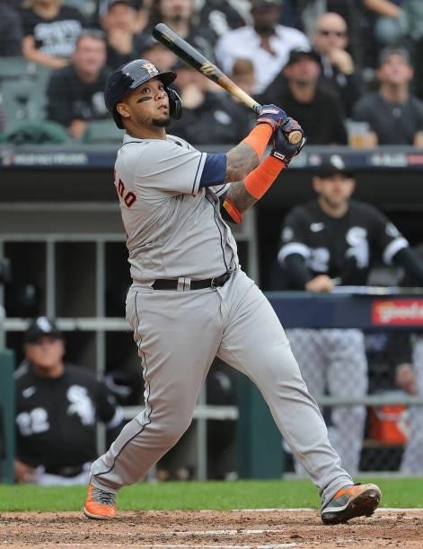 Martin Maldonado of the Houston Astros bats against the Chicago White Sox at Guaranteed Rate Field on October 12, 2021 in Chicago, Illinois. The...