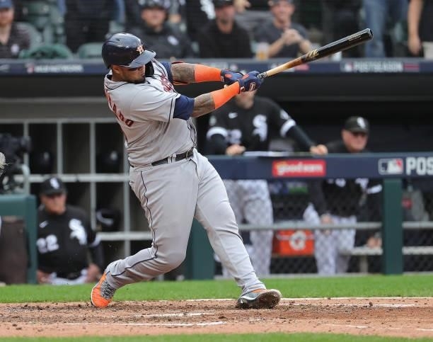 Martin Maldonado of the Houston Astros bats against the Chicago White Sox at Guaranteed Rate Field on October 12, 2021 in Chicago, Illinois. The...