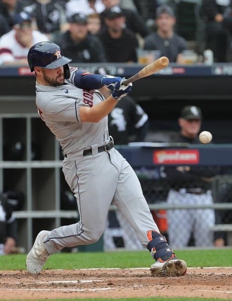Chas McCormick of the Houston Astros bats against the Chicago White Sox at Guaranteed Rate Field on October 12, 2021 in Chicago, Illinois. The Astros...