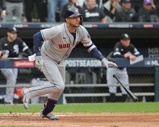 Yuli Gurriel of the Houston Astros bats against the Chicago White Sox at Guaranteed Rate Field on October 12, 2021 in Chicago, Illinois. The Astros...