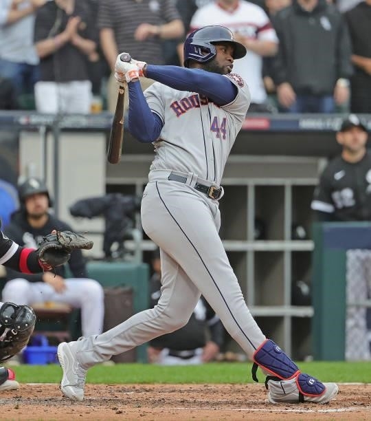 Yordan Alvarez of the Houston Astros bats against the Chicago White Sox at Guaranteed Rate Field on October 12, 2021 in Chicago, Illinois. The Astros...