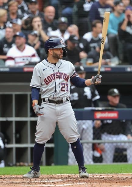 Jose Altuve of the Houston Astros readies to bat against the Chicago White Sox at Guaranteed Rate Field on October 12, 2021 in Chicago, Illinois. The...