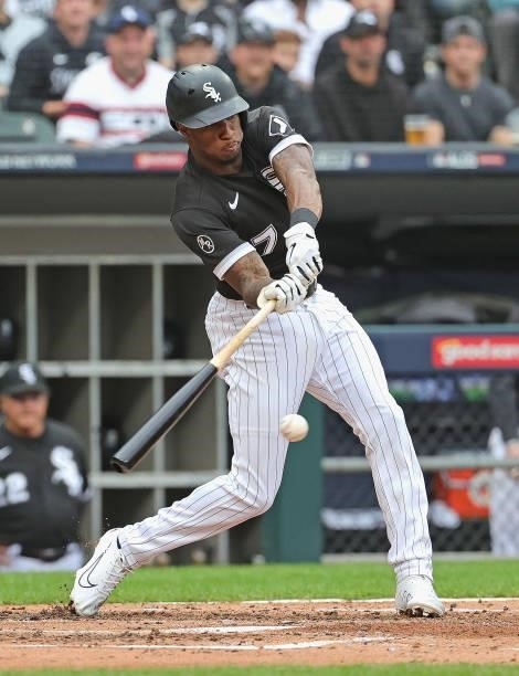 Tim Anderson of the Chicago White Sox bats against the Houston Astros at Guaranteed Rate Field on October 12, 2021 in Chicago, Illinois. The Astros...