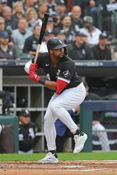 Eloy Jimenez of the Chicago White Sox bats against the Houston Astros at Guaranteed Rate Field on October 12, 2021 in Chicago, Illinois. The Astros...