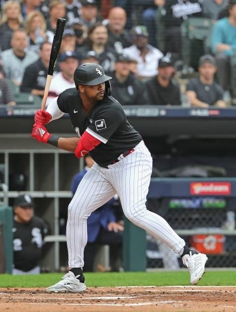 Eloy Jimenez of the Chicago White Sox bats against the Houston Astros at Guaranteed Rate Field on October 12, 2021 in Chicago, Illinois. The Astros...