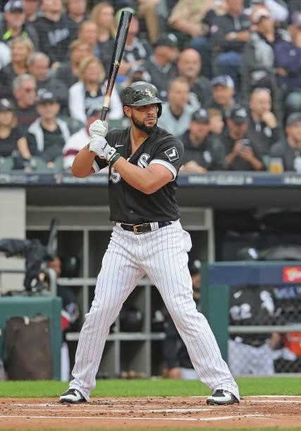 Jose Abreu of the Chicago White Sox bats against the Houston Astros at Guaranteed Rate Field on October 12, 2021 in Chicago, Illinois. The Astros...