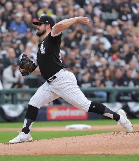 Starting pitcher Carlos Rodon of the Chicago White Sox delivers the ball against the Houston Astros at Guaranteed Rate Field on October 12, 2021 in...