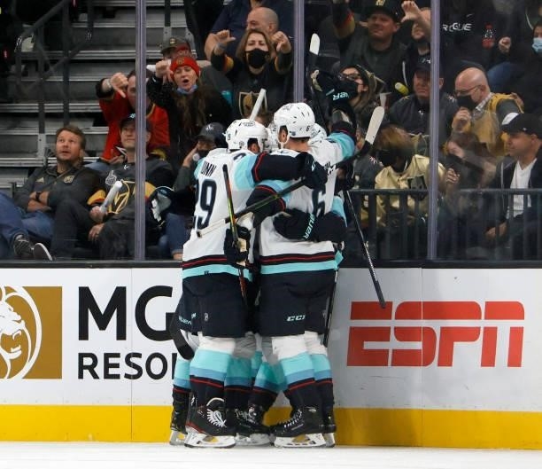 Vegas Golden Knights fans boo as the Seattle Kraken celebrate a goal by Ryan Donato at 11:32 of the second period against the Golden Knights for the...