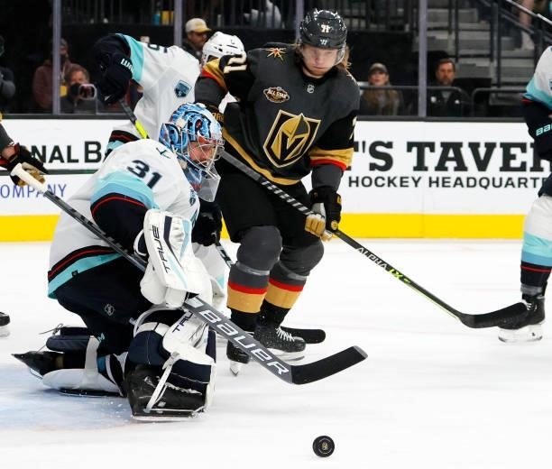 Philipp Grubauer of the Seattle Kraken defends the net against William Karlsson of the Vegas Golden Knights in the second period of the Kraken's...