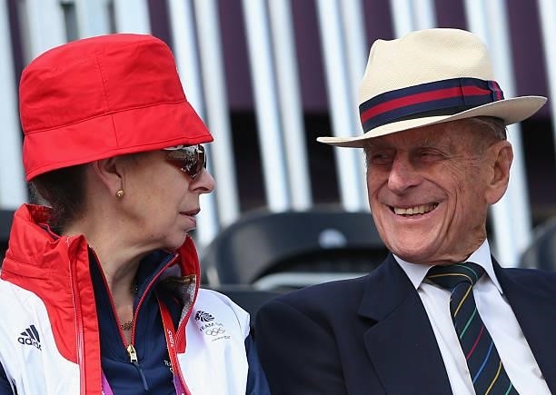 Princess Anne, Princess Royal and Prince Philip, Duke of Edinburgh smile whilst watching the Dressage Equestrian event on Day 2 of the London 2012...