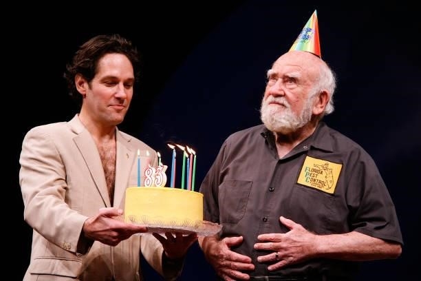 Paul Rudd and Ed Asner appear on stage at the Ed Asner Birthday Celebration With The Cast Of "Grace