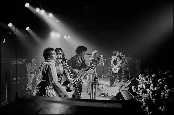 The Greedies perform at the Electric Ballroom in Camden Town, London, 1978. Left to right: Brian Downey drums, Johnny Fingers keyboards, Gary Moore...