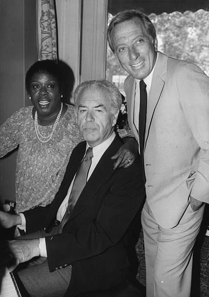 American jazz singer and pianist Sarah 'Sassy' Vaughan with singer Andy Williams and conductor Nelson Riddle who are all to appear in cabaret for the...