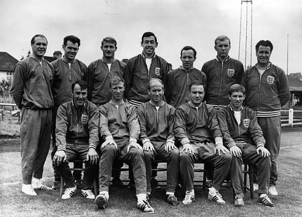 The England football team chosen for their World Cup match against Uruguay, at Wembley Amateur FC ground. Front row, from left: Jimmy Greaves, Jackie...