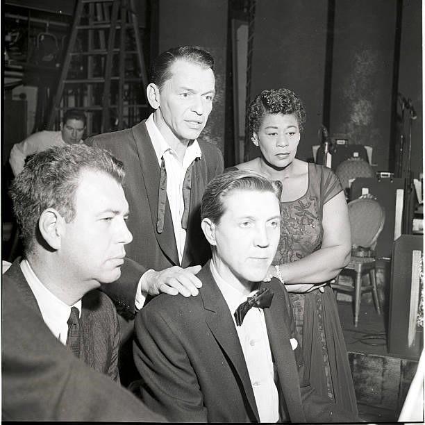 Left to right - Nelson Riddle, Frank Sinatra, Bill Miller and Ella Fitzgerald at The Frank Sinatra Show, Airdate: May 9, 1958.