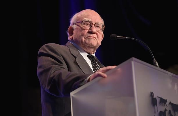 Honoree Edward Asner accepts the Lifetime Achievement Award onstage during The Humane Society Of The United States' Los Angeles Benefit Gala at the...