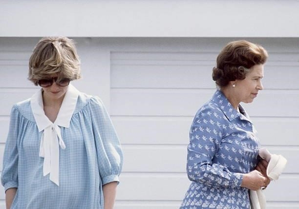 Princess Diana [princess Of Wales] With Queen Elizabeth Ll Watching A Polo Match At Guards Polo Club, Windsor, Berkshire. Princess Diana Is Earing A...
