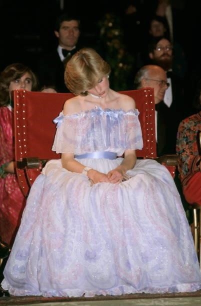 Princess Diana At The Victoria And Albert Museum For The Splendours Of The Gonzagas Exhibition Gala Wearing A Pale Blue Chiffon Evening Dress...