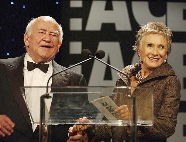 Actor Ed Asner and actress Cloris Leachman speak at the 55th ACE Eddie Awards at the Beverly Hilton Hotel on February 20, 2005 in Beverly Hills,...
