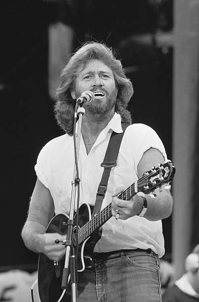 Barry Gibb of the Bee Gees performing at the 70th birthday tribute concert for imprisoned South African leader Nelson Mandela, held at Wembley...