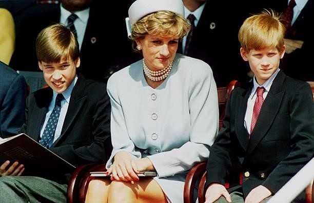 Princess Diana, Princess of Wales with her sons Prince William and Prince Harry attend the Heads of State VE Remembrance Service in Hyde Park on May...