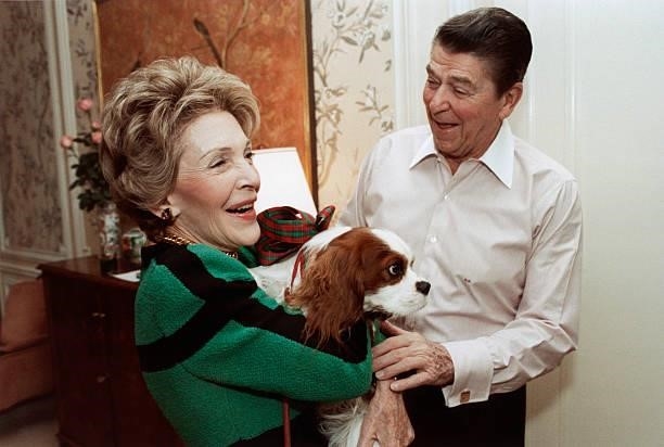 President Ronald Reagan gives First Lady, Nancy Reagan, a puppy at their hotel suite in New York, 6th December 1985. The dog, a King Charles spaniel...