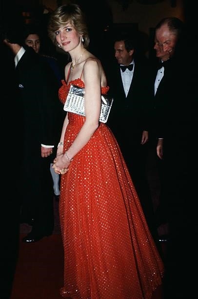 Diana, Princess of Wales arrives at the Royal Opera House, Covent Garden, London, for a charity gala performance, 8th December 1982. The Princess is...