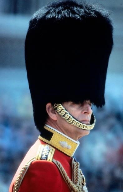 Prince Philip, the Duke of Edinburgh, wearing a bearskin hat, attends the Trooping the Colour ceremony, London, June 3, 1978.