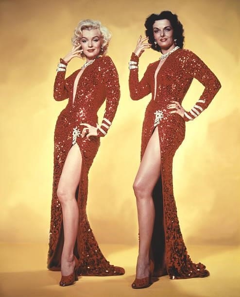 American actresses Jane Russell and Marilyn Monroe on the set of Gentlemen Prefer Blondes, directed by Howard Hawks.