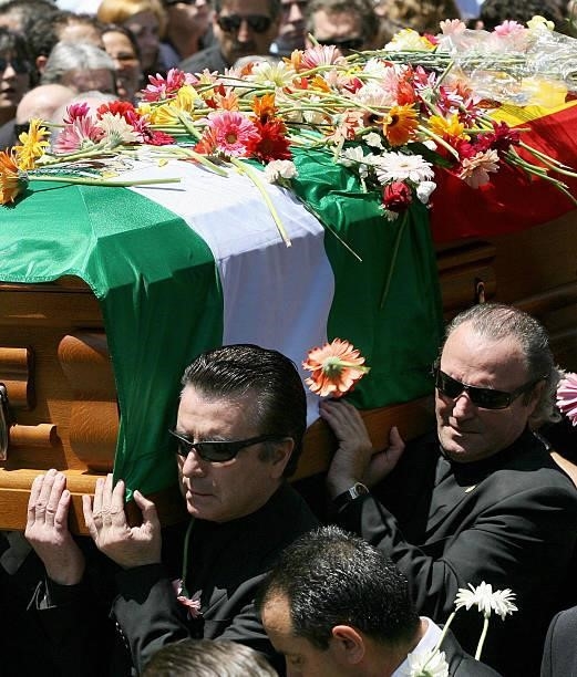 The coffin of singer and actress Rocio Jurado is being carried, amongst others by her widower Jose Ortega Cano and her friend Amador Mohedano, 02...