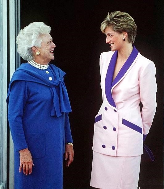 The Princess of Wales with Barbara Bush at the White House, October 1990. Diana wears a Catherine Walker suit.