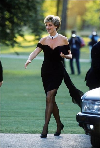 Princess Diana arriving at the Serpentine Gallery, London, in a gown by Christina Stambolian, June 1994.