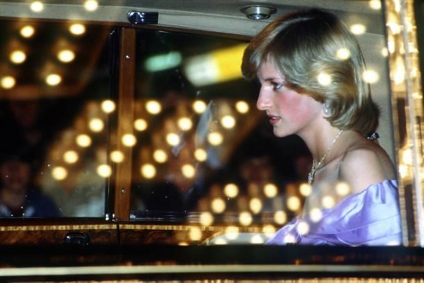 Princess Diana arriving to watch a ballet at the St. James Theatre in Auckland, New Zealand, 18th April 1983. She is wearing a lilac strapless gown...