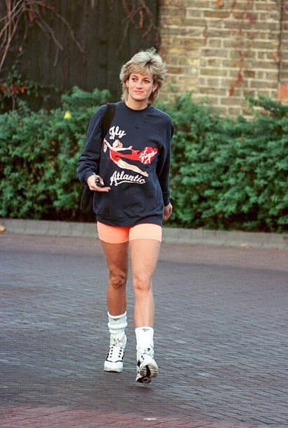 Princess Diana, Princess of Wales, wearing Virgin Atlantic sweatshirt, leaves Chelsea Harbour Club, London in November, 1995.