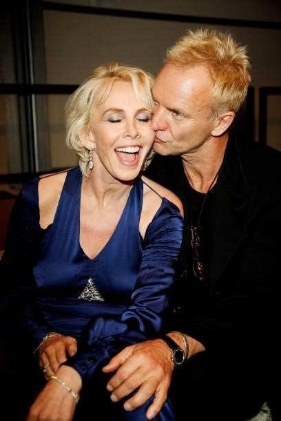 Trudi Styler and Sting attend the 'Fashion for Relief' show in support of the Rotary Flood Disaster Appeal at the Natural History Museum during...