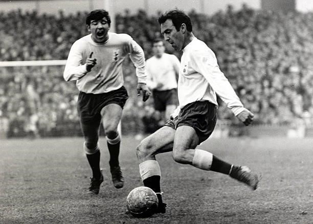 1st April 1967, Division 1, Tottenham Hotspur v Liverpool at White Hart Lane, Tottenham Hotspur's Jimmy Greaves, right, prepares to shoot as...