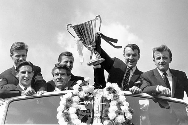 19th May 1963, London, Tottenham Hotspur players, left-right, John White, Bill Brown, Cliff Jones, Jimmy Greaves and Terry Dyson, parade the European...