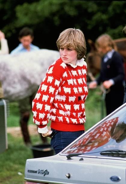 Diana, Princess of Wales wearing 'Black sheep' wool jumper by Warm and Wonderful to Windsor Polo, June 1981.