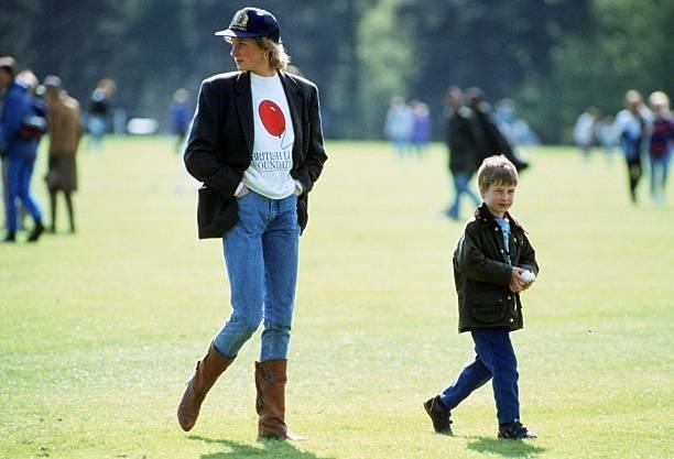 Prince William with his mother Diana, Princess of Wales at Guards Polo Club, The Princess is casually dressed in a sweatshirt with the British Lung...