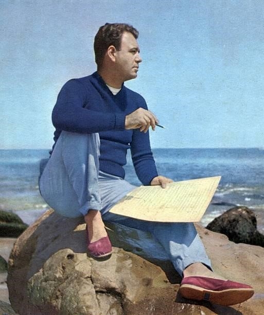 Composer and arranger Nelson Riddle at the beach, circa 1950.