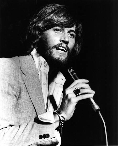 Barry Gibb from The Bee Gees performs live on stage in Amsterdam in 1975