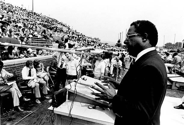 Author Alex Haley speaks at a university in Tennessee, 1977.