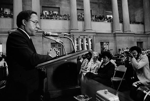 Author Alex Haley addresses the crowd during his visit to Tennessee, 1977.