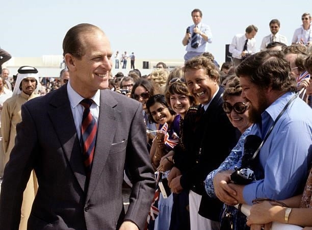 Prince Philip, Duke of Edinburgh meets wellwishers during a visit to Kuwait, February 1979.